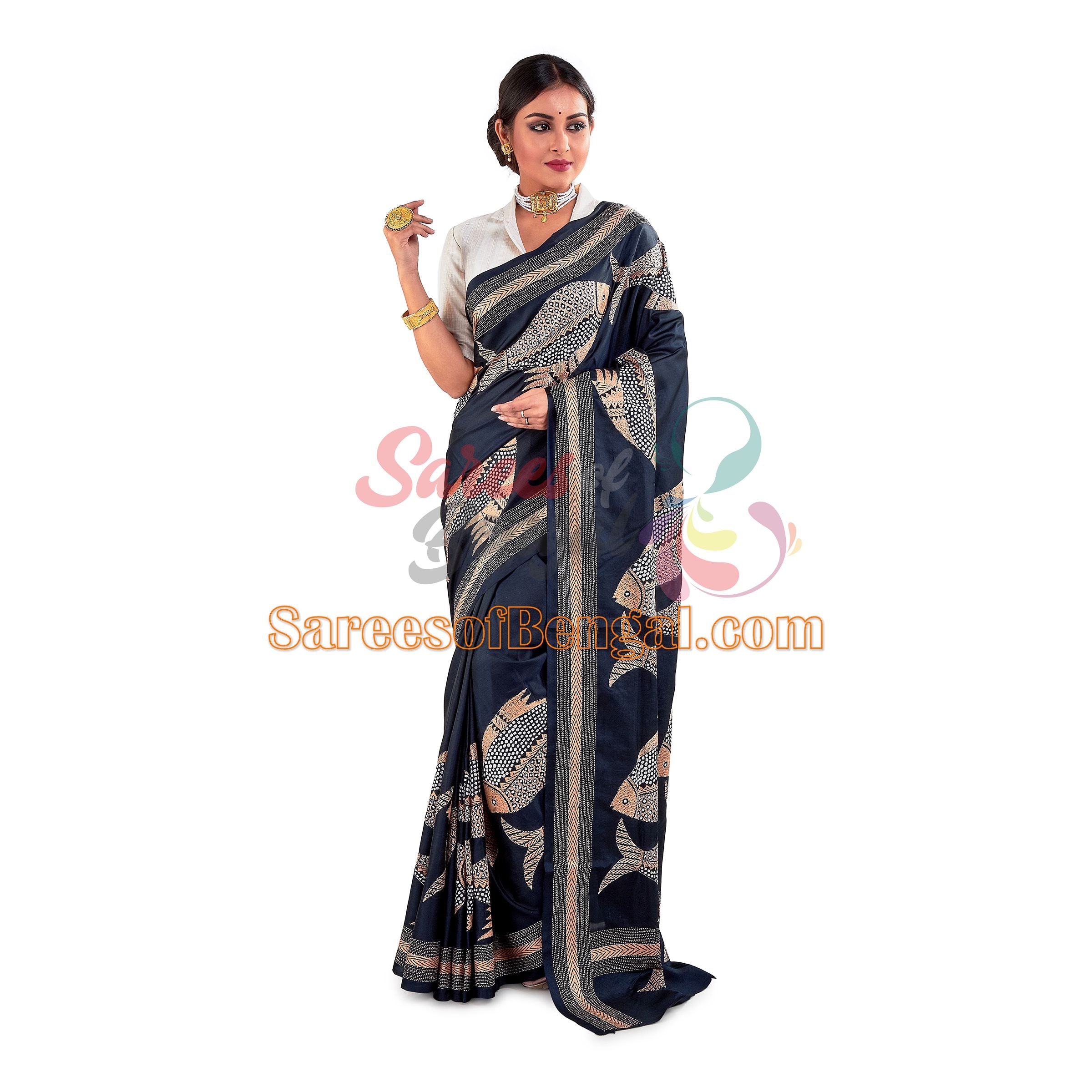 Fish Motif Kantha Silk Saree Black