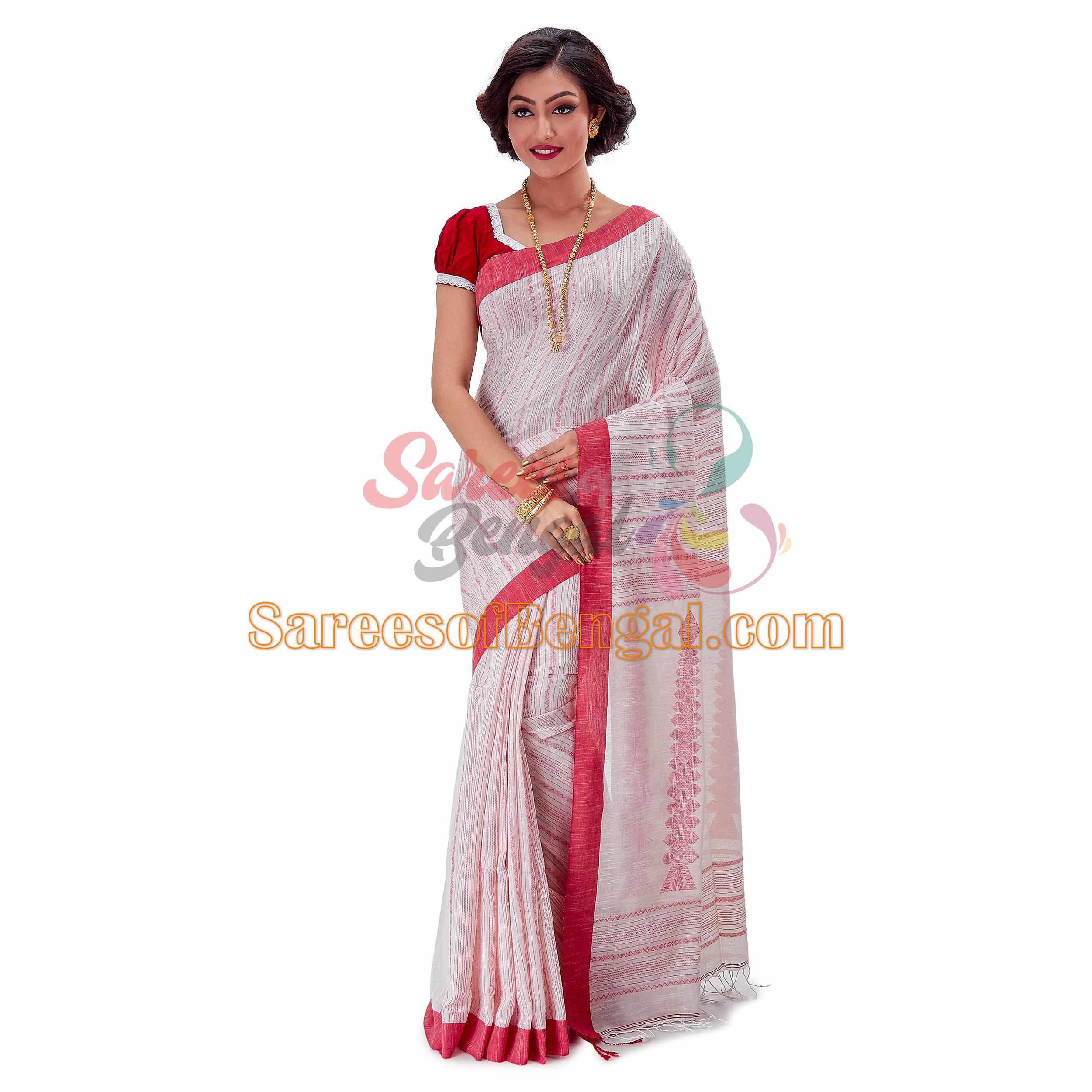 Red & White Bengal Khadi Jamdani Saree