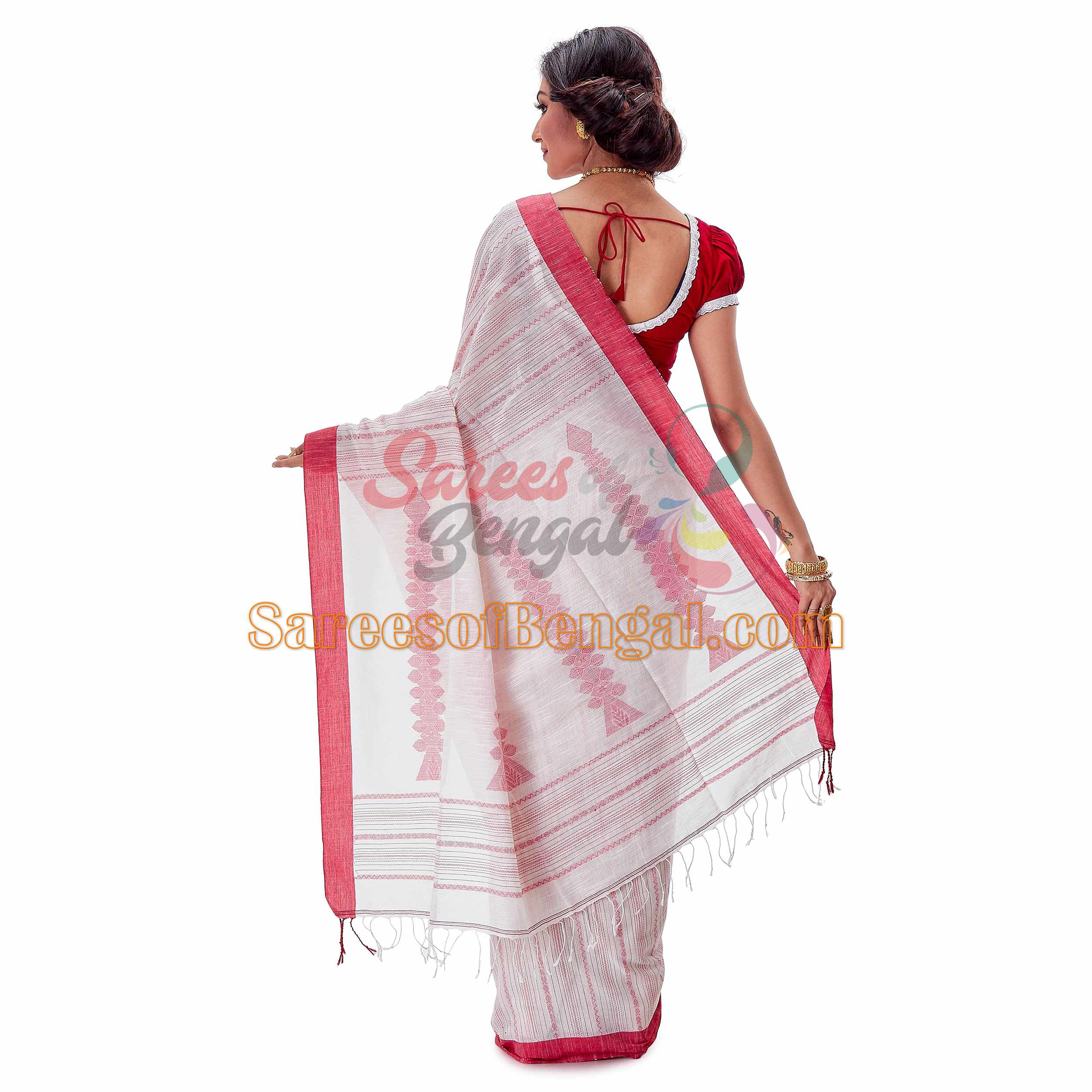 Red & White Bengal Khadi Jamdani Saree