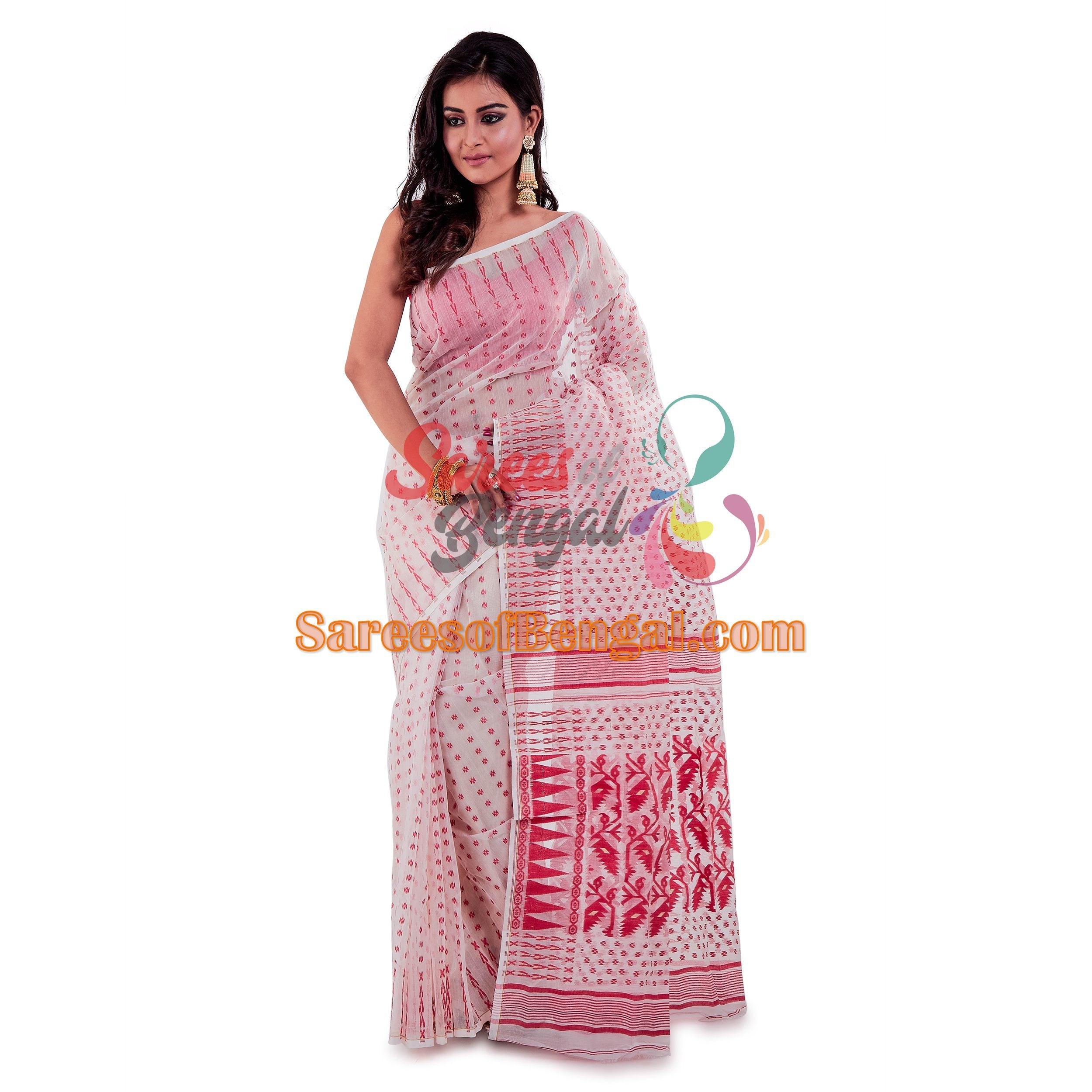 Traditional Red And White Jamdani Saree