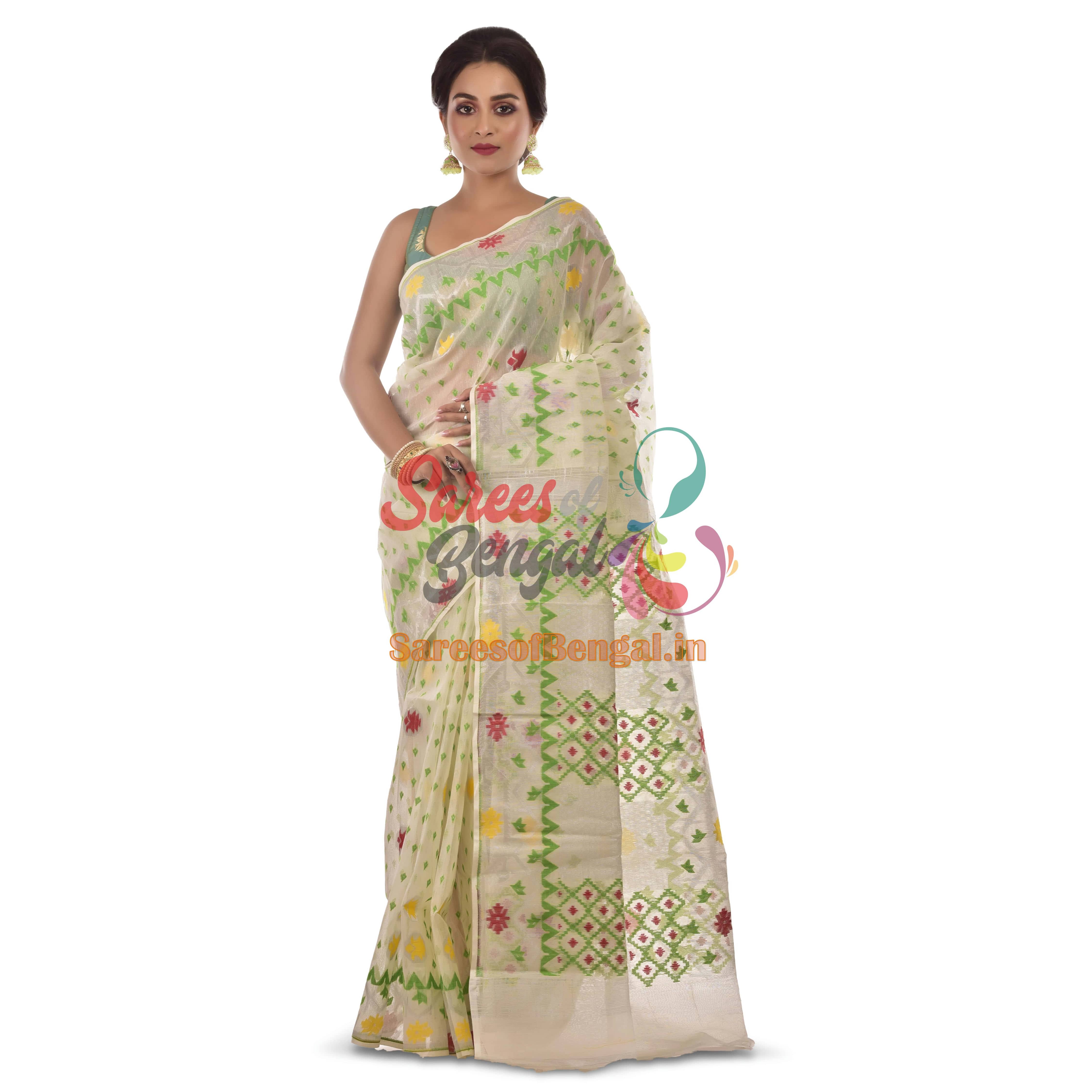 Silver Zari Work White Jamdani Saree