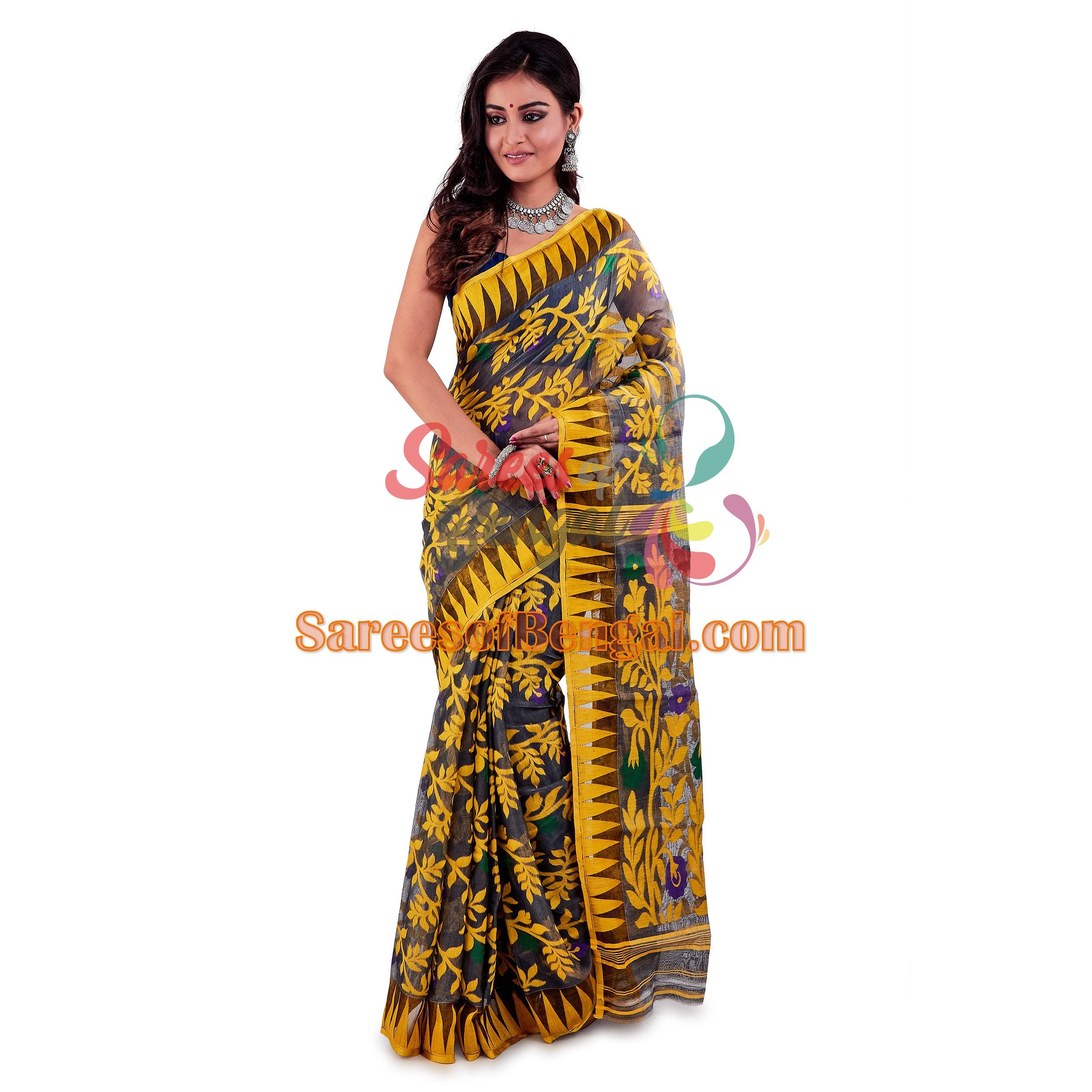 Grey & Yellow Cotton Silk Jamdani Saree