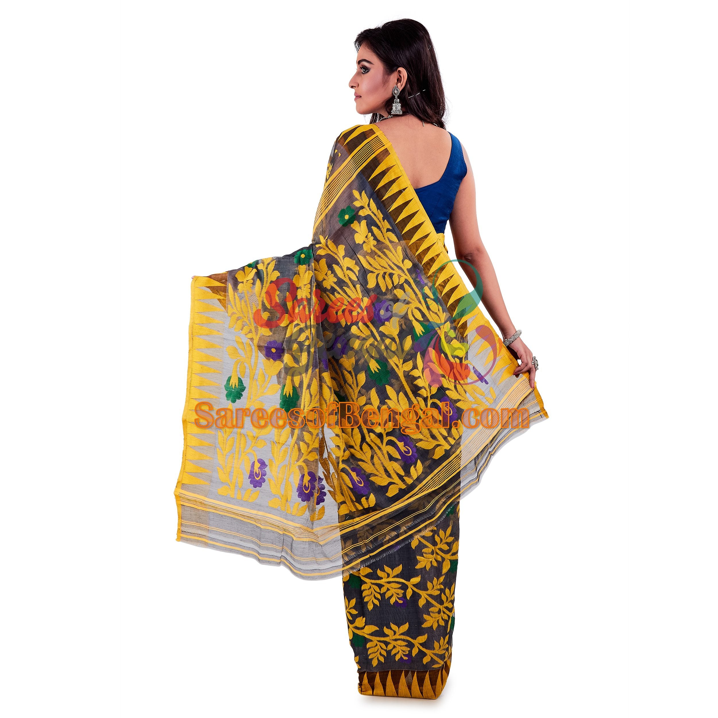 Grey & Yellow Cotton Silk Jamdani Saree