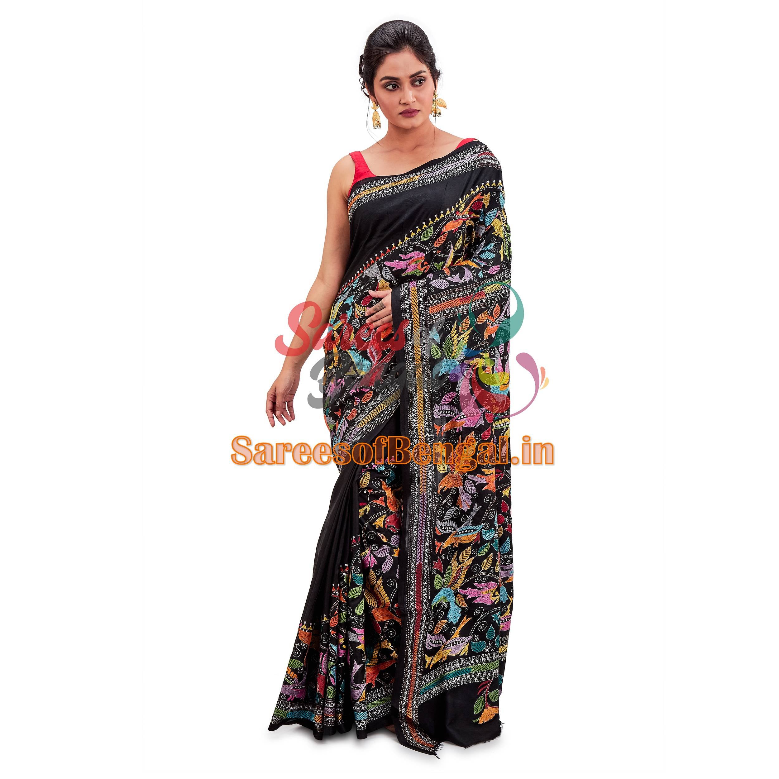 Authentic Bird Motif Kantha Silk Saree