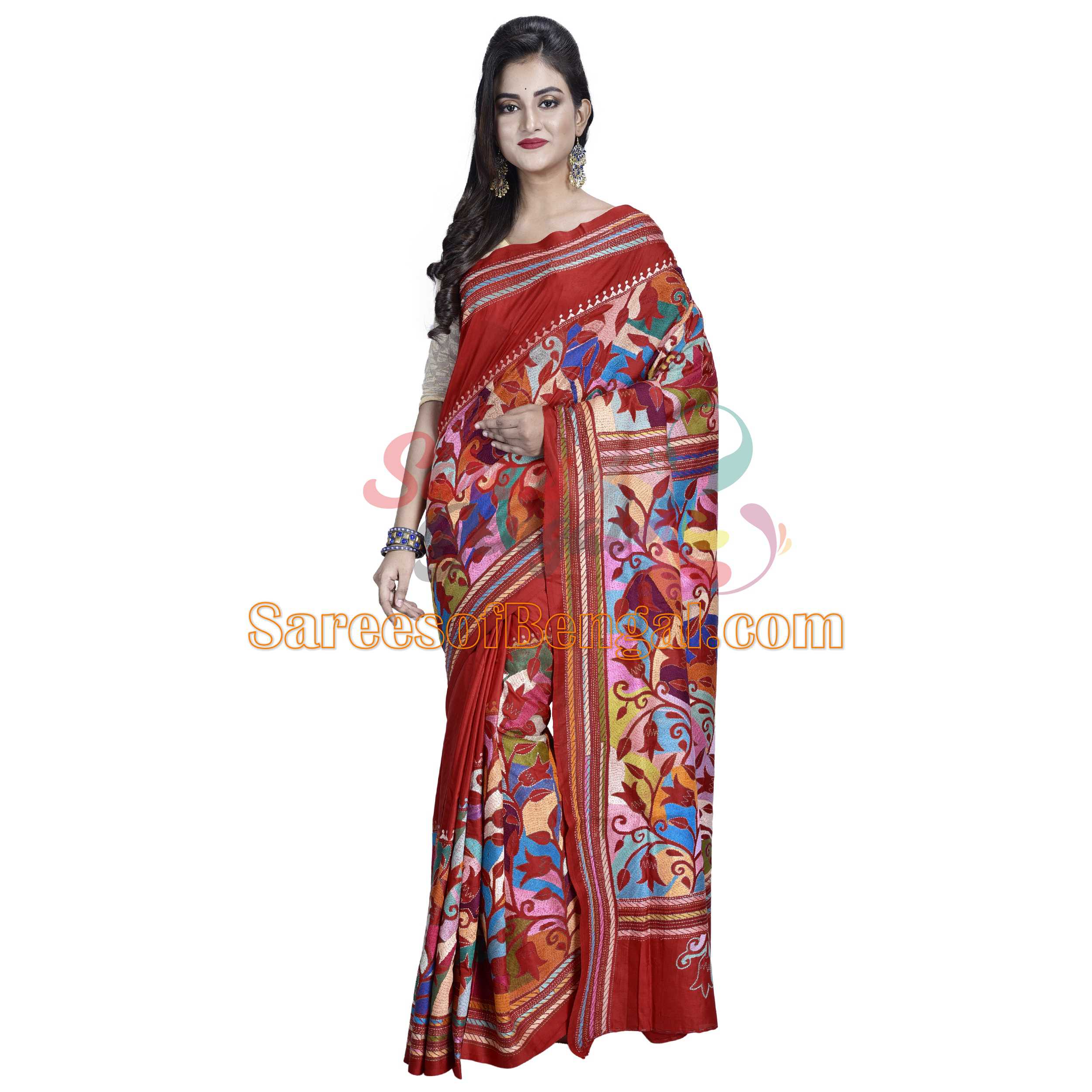 Multicoloured Embroidered Kantha Silk Saree