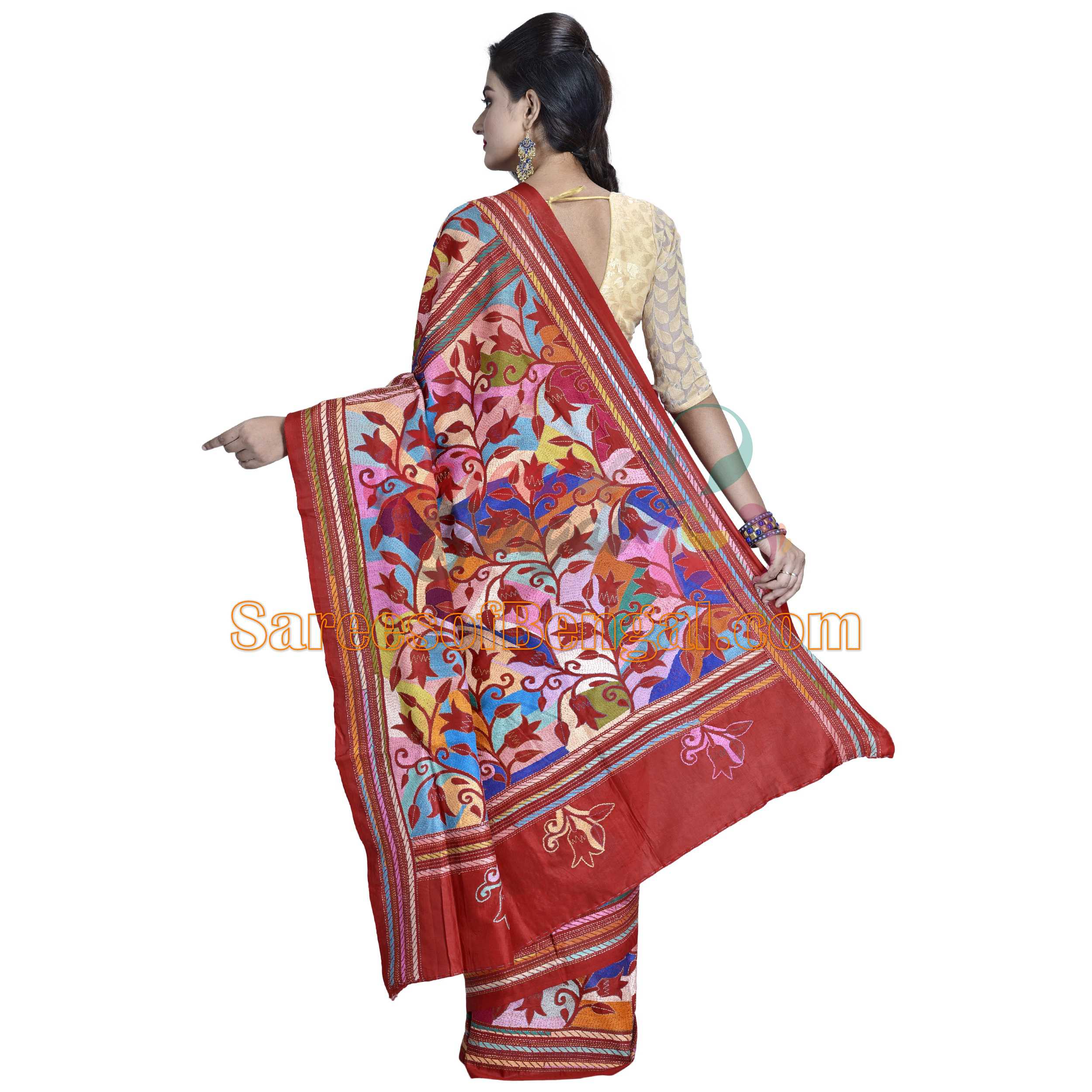 Multicoloured Embroidered Kantha Silk Saree