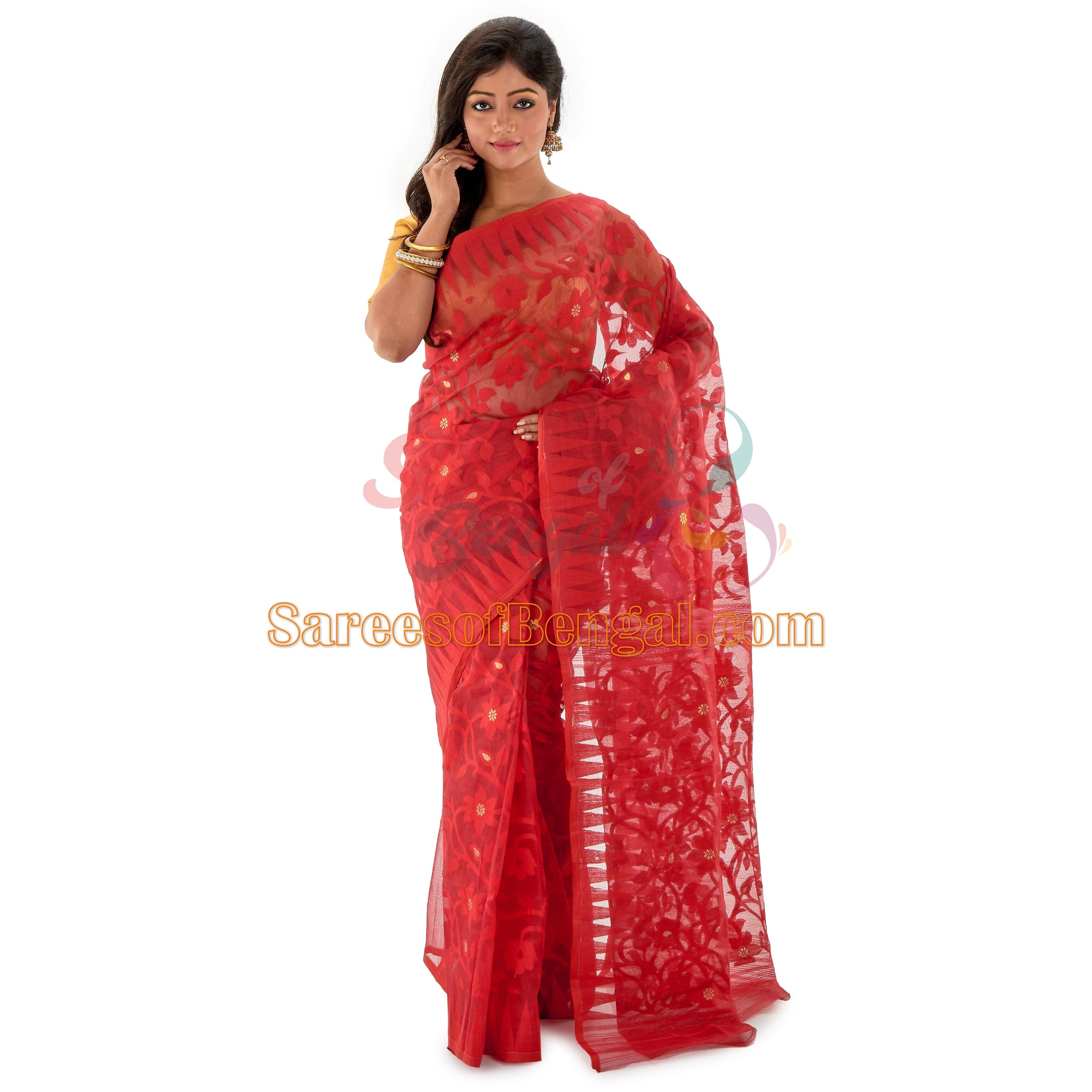 Red Cotton Silk Jamdani Saree